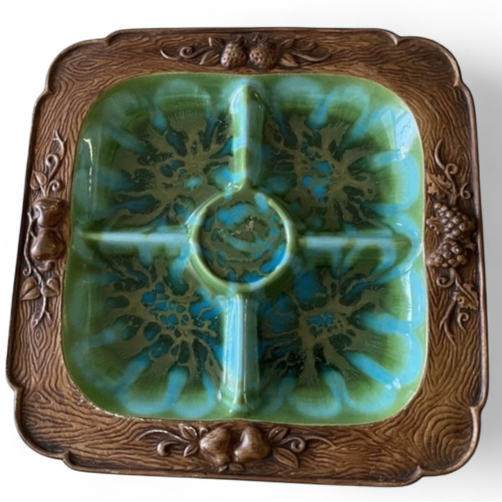 Vintage TREASURE CRAFT Divided Square Serving Dish Relish Platter Blue Green MCM